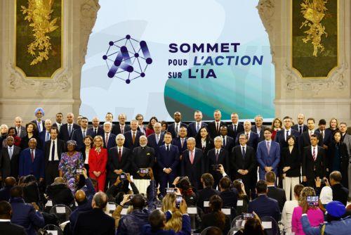 epa11888507 French President Emmanuel Macron (C), Indian Prime Minister Narendra Modi (C-L) and UN Secretary-General Antonio Guterres (C-R) pose for a family photo with participants at the end of a plenary session during the Artificial Intelligence (AI) Action Summit at the Grand Palais in Paris, France, 11 February 2025. The summit takes place from 10 to...