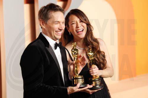 epaselect epa11937359 Oscar winner for Best original screenplay Sean Baker (L) and Samantha Quan attend the 2025 Vanity Fair Oscar Party, an annual event held in conjunction with the Academy Awards ceremony, at the Wallis Annenberg Center for the Performing Arts in Beverly Hills, California, USA, 02 March 2025.  EPA/JILL CONNELLY