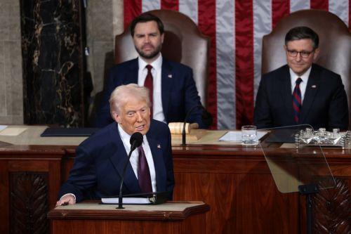 epa11941317 US Vice President JD Vance (L) and US House Speaker Mike Johnson (R) as US President Donald Trump (C) addresses a joint session of the United States Congress in the House Chamber of the US Capitol in Washington, DC, USA, 04 March 2025.  EPA/SHAWN THEW
