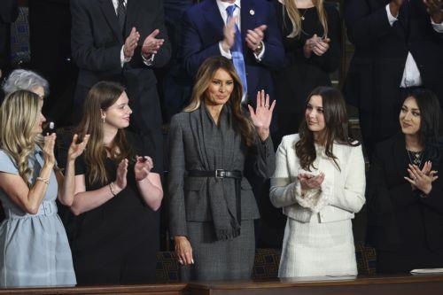 epa11941321 US First Lady Melania Trump acknowledges applause during President Donald Trumpâ€™s address to a joint session of the United States Congress in the House Chamber of the US Capitol in Washington, DC, USA, 04 March 2025.  EPA/JIM LO SCALZO