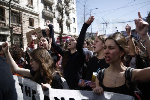 epa11947196 University students and pupils take part in a protest demanding justice for the deadly train accident of Tempi, which claimed the lives of 57 people in 2023, in central Athens, Greece, 07 March 2025. The protest took part during the three-day parliamentary process for the no-confidence motion against the government by the oppositions parties. ...