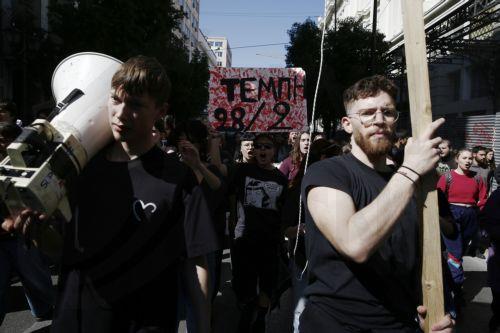 epa11947198 University students and pupils take part in a protest demanding justice for the deadly train accident of Tempi, which claimed the lives of 57 people in 2023, in central Athens, Greece, 07 March 2025. The protest took part during the three-day parliamentary process for the no-confidence motion against the government by the oppositions parties. ...