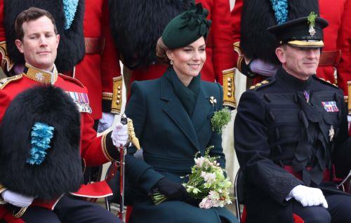 epa11969802 Britain's Catherine, Princess of Wales (C) smiles wearing a shamrock as she attends the St Patrick's Day Parade by the Irish Guards at Wellington Barracks in London, Britain, 17 March 2025. The Princess of Wales attended the parade as Colonel of the Regiment presenting traditional sprigs of shamrock to the Officers and Guardsmen as well as the...