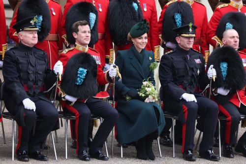 epa11969803 Britain's Catherine, Princess of Wales (C) smiles wearing a shamrock as she attends the St Patrick's Day Parade by the Irish Guards at Wellington Barracks in London, Britain, 17 March 2025. The Princess of Wales attended the parade as Colonel of the Regiment presenting traditional sprigs of shamrock to the Officers and Guardsmen as well as the...