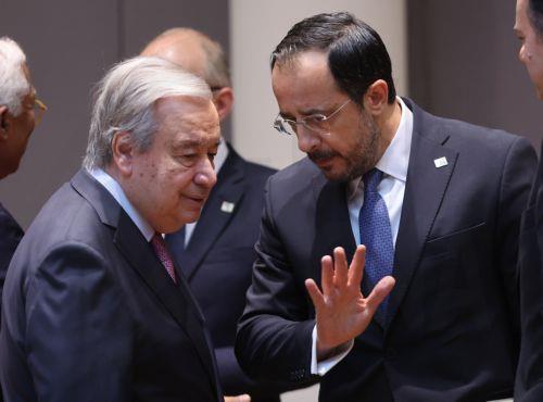 epa11976114 UN Secretary General Antonio Guterrez (L) and President of the Republic of Cyprus Nicos Christodoulides (R) during European Council summit in Brussels, Belgium, 20 March 2025. Competitiveness, the latest developments in Ukraine and the European defense policy will be discussed by EU leaders at the summit.  EPA/OLIVIER HOSLET / POOL