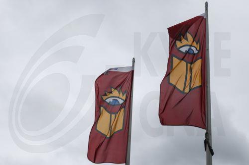 epa11989621 Leipzig Book Fair flags wave in front of the Leipzig Book Fair in Leipzig, Germany, 26 March 2025. Around 3000 exhibitors and 250,000 visitors are expected to attend the fair, which will run from 27 to 30 March. This year's guest of honor is Norway.  EPA/FILIP SINGER