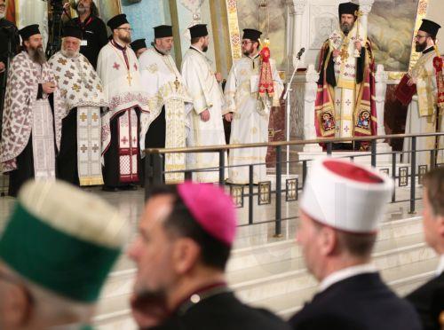 epa11996938 Archbishop Ioannis (2R) takes part in his enthronement ceremony in Tirana, Albania, 29 March 2025. Metropolitan Ioannis of Korce has been elected as the new Archbishop of Tirana, Durres, and All Albania by the Holy Synod of the Orthodox Autocephalous Church of Albania. A close spiritual disciple of the late Archbishop Anastasios, he has...