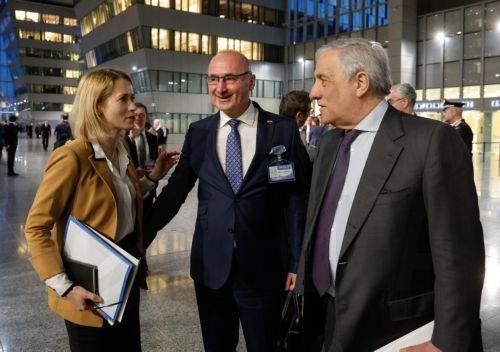 epa12008204 (L-R) EU High Representative for Foreign Affairs and Security and EU Commission Vice President, Kaja Kallas, Croatia's Minister for Foreign Affairs Gordan Grlic Radman and Italy's Minister for Foreign Affairs Antonio Tajani at NATO Headquarters during Meeting of NATO Ministers of Foreign Affairs, in Brussels, Belgium, 03 April 2025. ...
