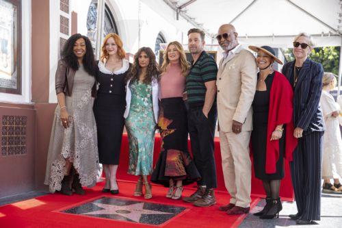 epa12063834 (L-R) Shonda Rhimes, Christina Hendricks, Sarayu Bel, Ellen Pompeo, Scott Speedman, James Pickens Jr., Debbie Allen and Betsy Beers pose after Pompeo had her star unveiled during a Hollywood Walk of Fame star ceremony in Los Angeles, California, USA, 29 April 2025. Ellen Pompeoâ€™s star, in the category of Television, is the 2,809th star on the...