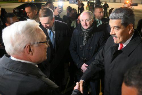 epa12079159 Russian officials welcome Venezuelan President Nicolas Maduro (R) upon his arrival at Vnukovo airport to attend the celebrations to mark this year's 80th anniversary of Russia's Victory in the Great Patriotic War of 1941-1945, in Moscow, Russia, 07 May 2025. Russia is preparing to mark the 80th anniversary of Nazi Germany's unconditional...
