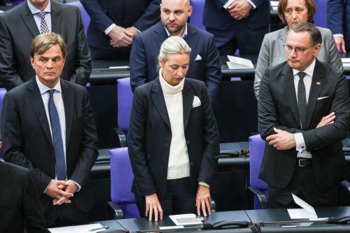 epa12084195 Alternative for Germany (AfD) party and faction co-chairwoman Alice Weidel (C) attends an event of the German parliament to commemorate the 80th anniversary of the end of WWII in Europe, in Berlin, Germany, 08 May 2025. World War II in Europe ended with the unconditional surrender of Nazi Germany on all fronts on 08 May.  EPA/FILIP SINGER