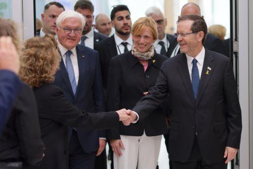 epa12093846 German President Frank-Walter Steinmeier (L), Israeli President Isaac Herzog (R) and German Education and Family Minister Karin Prien attend the German-Israeli Youth Congress in Berlin, Germany, 12 May 2025. Over 700,000 young people from Germany and Israel have taken part in exchange programs, school partnerships and voluntary services over the...