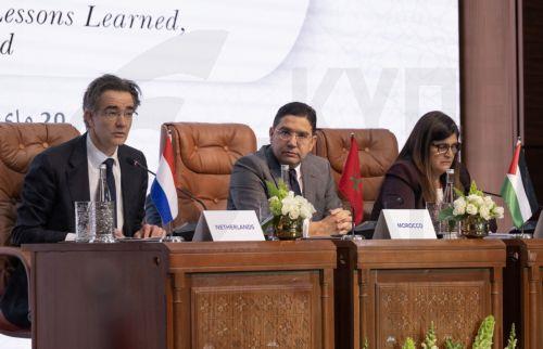 epa12119327 (L-R) Secretary-General of the Ministry of Foreign Affairs of the Netherlands Christiaan Rebergen; Morocco's Minister of Foreign Affairs, African Cooperation and Moroccan Expatriates, Nasser Bourita; and Palestinian Authority's Minister of State for Foreign Affairs and Expatriates Varsen Aghabekian attend the 5th meeting of the Global Alliance...