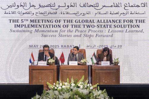epa12119332 (L-R) Secretary-General of the Ministry of Foreign Affairs of the Netherlands Christiaan Rebergen; Morocco's Minister of Foreign Affairs, African Cooperation and Moroccan Expatriates, Nasser Bourita; and Palestinian Authority's Minister of State for Foreign Affairs and Expatriates Varsen Aghabekian attend the 5th meeting of the Global Alliance...