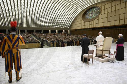 epa12130113 A handout picture provided by the Vatican Media shows Pope Leo XIV (2-R) attending an audience with officials and employees of the Roman Curia, in Vatican City, 24 May 2025. The Roman Curia, consisting of administrative institutions of the Holy See, assists the pope in his role as the head of the Catholic Church.  EPA/VATICAN MEDIA HANDOUT...