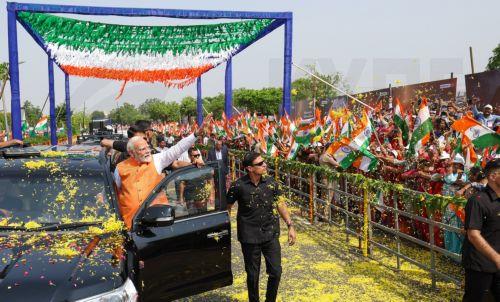 epa12136240 A handout photo made available by the press information bureau shows Indian Prime Minister Narendra Modi attending a rally in Vadodara, Gujarat, India, 26 May 2025. Modi is on a two-day visit to lay the foundation for several developmental projects to his home state, Gujarat. It is his first visit to the state following Operation Sindoor against...