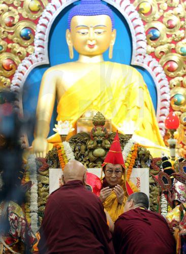 epa12217038 Tibetan Buddhism spiritual leader the Dalai Lama (C) attends a prayer ceremony for his long-life at Tibetans' main temple of Tsuglagkhang at McLeod Ganj, near Dharamsala, India, 05 July 2025. A special prayer ceremony was held for the Dalai Lama's long-life ahead of Dalai Lama's 90th birthday on 06 July.  EPA/HARISH TYAGI