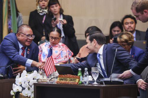 epa12231040 US Secretary of State Marco Rubio (R) greets Timor-Leste's Minister of Foreign Affairs and Cooperation Bendito dos Santos Freitas (L) during the 32nd Association of Southeast Asian Nations (ASEAN) Regional Forum at the 58th Association of Southeast Asian Nations (ASEAN) Foreign Ministers’ Meetings in Kuala Lumpur, Malaysia, 11 July 2025. ...