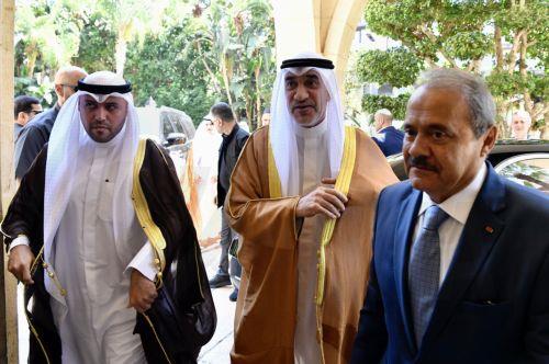 epa12237057 Kuwaiti Minister of Interior and First Deputy Prime Minister Sheikh Fahad Yousef Al-Sabah (C) arrives to meet Lebanon's Parliament Speaker Nabih Berri (not pictured) in Beirut, Lebanon, 14 July 2025. Sheikh Fahad Yousef Al-Sabah is on an official visit to Beirut to meet with Lebanon's leaders.  EPA/WAEL HAMZEH