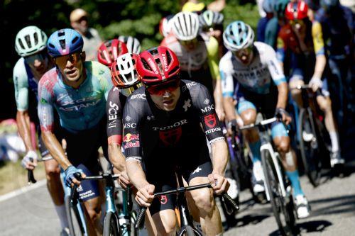 epa12243073 German rider Marius Mayrhofer of Tudor Pro Cycling Team leads the peleton during the 12th stage of the Tour de France cycling race over 180.6km from Auch to Hautacam, France, 17 July 2025.  EPA/MARTIN DIVISEK