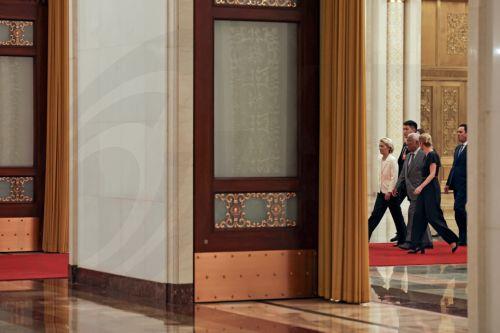 epa12257952 President of the European Commission, Ursula von der Leyen (L), President of the European Council, Antonio Costa (2-L), and High Representative for Foreign Affairs and Security Policy and Vice-President of the European Commission, Kaja Kallas (R), walk through the Great Hall of the People during the 25th European Union - China Summit in Beijing,...