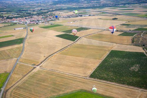 epa12274981 Hot air balloons fly during the celebration of the XXV International Hot Air Balloon Regatta 'Haro, capital of Rioja' and the XLI Spanish Aerostation Championship, in Haro, La Rioja, Spain, 31 July 2025. The events take place from 30 July to 03 August.  EPA/RAQUEL MANZANARES