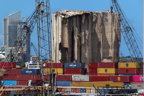 epa12281172 The damaged wheat silos seen ahead of the fifth anniversary of the explosion that hit the city of Beirut, Lebanon, 03 August 2025. At least 200 people were killed and more than 6,000 injured in the blast that devastated the port area of Beirut on 04 August 2020, believed to have been caused by an estimated 2,750 tons of ammonium nitrate stored...