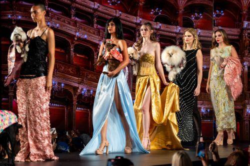 epa12374721 Models with dogs present creations by US designer Anthony Rubio for his Women's Wear and Canine Couture show by Runway 7 at the Sony Hall during the New York Fashion Week in New York, New York, USA, 13 September 2025. The NYFW runs from 11 to 16 September.  EPA/ANGELINA KATSANIS