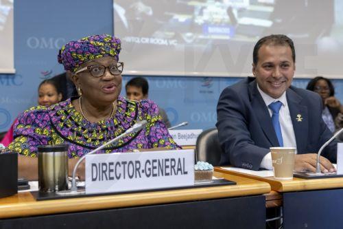epa12379401 World Trade Organization (WTO) Director-General Ngozi Okonjo-Iweala and WTO General Council Chair, Ambassador Saqer Abdullah Almoqbel of Saudi Arabia, attend the ceremony to mark the entry into force of the WTO Agreement on Fisheries Subsidies, at the organization’s headquarters in Geneva, Switzerland, 15 September 2025.  EPA/MAGALI GIRARDIN