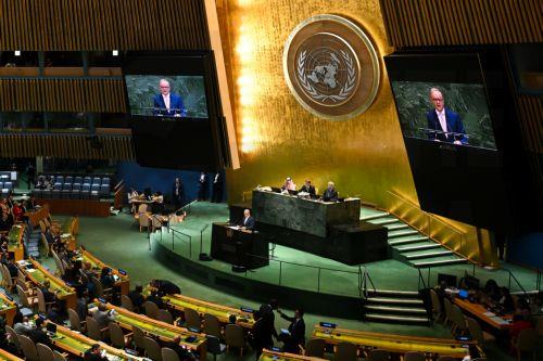 epa12398989 Australian Prime Minister Anthony Albanese addresses the High-Level International Conference for the Peaceful Settlement of the Question of Palestine and the Implementation of the Two-State Solution, at the United Nations (UN) headquarters in New York, New York, USA, 22 September 2025. The UN General Assembly's high-level week runs from 22 until...