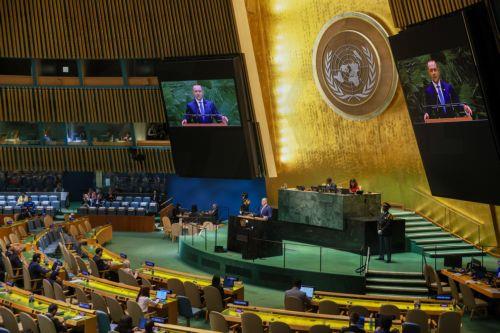 epa12400885 President of Poland Karol Nawrocki speaks during the General Debate of the 80th session of the United Nations General Assembly (UNGA) at the United Nations headquarters in New York, New York, USA, 23 September 2025.  EPA/LESZEK SZYMANSKI POLAND OUT