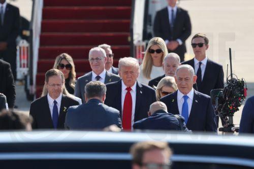 epa12449894 Israeli President Isaac Herzog (L), US President Donald Trump (C), and Israeli Prime Minister Benjamin Netanyahu at Ben Gurion Airport in Tel Aviv, Israel, 13 October 2025. According to a parliament spokesperson for the Israeli Knesset, President Trump will deliver a speech at the Knesset on 13 October 2025 in light of a first phase ceasefire...