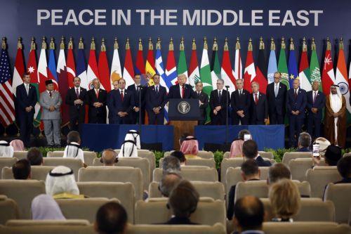 epa12451620 US President Donald Trump delivers a speech at the Gaza Peace Summit in Sharm El-Sheikh, Egypt, 13 October 2025. US President Donald Trump alongside Egypt's President Abdel Fattah al-Sisi with leaders from more than 20 countries attend the summit in Sharm El-Sheikh. The first phase of Gaza peace plan between Israel and Hamas involves the release...