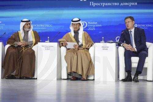 epa12454939 (L-R) Organization of the Petroleum Exporting Countries (OPEC) Secretary General Haitham Al Ghais, Saudi Arabian Minister of Energy Abdulaziz bin Salman Al Saud, and Russian Deputy Prime Minister Alexander Novak attend a session, 'Global Energy Markets: The Transformation of Relations and Balance of Interests,' at the Russian Energy Week 2025...