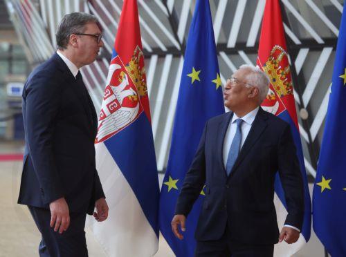 epa12502573 European Council President Antonio Costa (R) welcomes Serbian President Aleksandar Vucic (L) ahead to a meeting in Brussels, Belgium, 04 November 2025. EU release its enlargement progress ratings today, with foreign policy chief Kaja Kallas and commissioner Marta Kos presenting assessments on Georgia's decline, Ukraine's reform efforts amid war,...