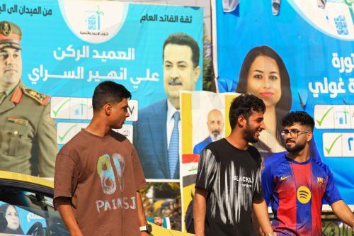 epa12510561 Iraqis walk past election campaigning posters ahead of the parliamentary elections in Baghdad, Iraq, 07 November 2025. Iraq is preparing to hold legislative elections on 11 November 2025.  EPA/CEERWAN AZIZ