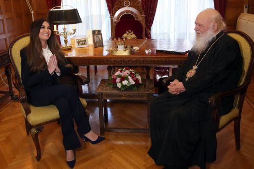 epa12522836 Archbishop of Greece Ieronymos talks with US Ambassador to Greece Kimberly Guilfoyle (L) during their meeting, in Athens, Greece, 13 November 2025.  EPA/ORESTIS PANAGIOTOU
