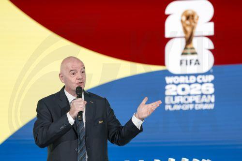 epa12537681 FIFA president Gianni Infantino speaks before the start of the FIFA World Cup 2026 play-offs draw at the Home of FIFA in Zurich, Switzerland, 20 November 2025.  EPA/CLAUDIO THOMA