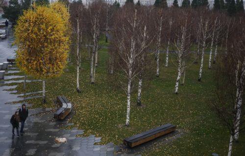 epa12545525 People walk in the park in downtown Moscow, Russia, 24 November 2025. According to weather forecasts, the next few days will be warm in Moscow, and air temperature will rise to 7 Celsius degrees.  EPA/SERGEI ILNITSKY
