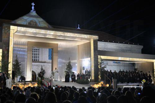 epa12563067 A handout picture provided by the Vatican Media shows Pope Leo XIV (C) during a meeting with young people in the Square in front of the Maronite Patriarchate of Antioch in Bkerke, Lebanon, 01 December 2025. Pope Leo XIV is on his first apostolic visit outside Italy since his election as pontiff. He visited Turkey from 27 November and continues...
