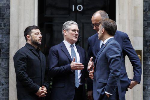 epa12578775 (L-R) Ukraine's President Volodymyr Zelensky, British Prime Minister Keir Starmer, German Chancellor Friedrich Merz and French President Emmanuel Macron speak to each other as they depart from 10 Downing Street, London, Britain, 08 December 2025. The President of Ukraine is visiting Downing Street to meet the leaders of the UK, France, and...