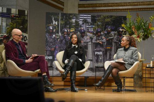epa12585235 Moderator Erik Aasheim (L) interviews Yolanda Renee King (C), grandchild of Nobel Peace Prize Laureate Martin Luther King Jr., and Mungi Ngomane, granddaughter of Archbishop Desmond Tutu, as they take part in a discussion at the Nobel Peace Prize peace forum in the University's Auditorium in Oslo, Norway, 11 December 2025. Nobel Peace Prize to...
