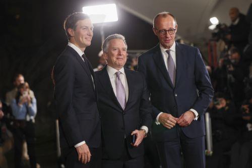 epa12594568 German Chancellor Friedrich Merz (R) welcomes US Special Envoy Steve Witkoff (C) and US president's son-in-law Jared Kushner (L) at the Federal Chancellery in Berlin, Germany, 15 December 2025. Berlin hosts US-Ukraine negotiations on a proposed peace plan, including a possible ceasefire in Ukraine, and a broader multilateral summit with key...