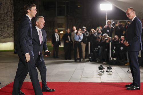 epa12594570 German Chancellor Friedrich Merz (R) welcomes US Special Envoy Steve Witkoff (2-L) and US president's son-in-law Jared Kushner (L) at the Federal Chancellery in Berlin, Germany, 15 December 2025. Berlin hosts US-Ukraine negotiations on a proposed peace plan, including a possible ceasefire in Ukraine, and a broader multilateral summit with key...
