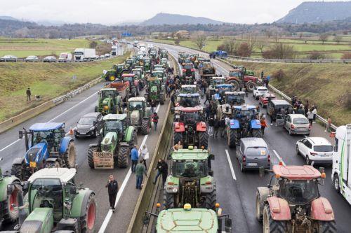 epa12616820 Tractors drive on the C-25 motorway as it passes through Gurb, Barcelona, Spain, 29 December 2025. Agricultural union Unio de Pagesos (UP) organized a protest with tractors to block the connection between Lleida and Girona, in protest against the 'mismanagement of game animals' and to demand better prevention of livestock diseases such as...