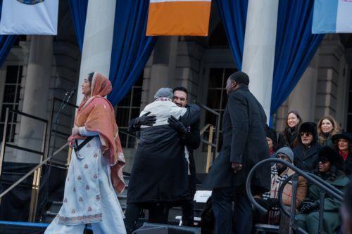 epa12621235 New York City Mayor Zohran Mamdani embraces a rabbi during his mayoral inauguration in New York, New York, USA, 01 January 2026.  EPA/OLGA FEDOROVA