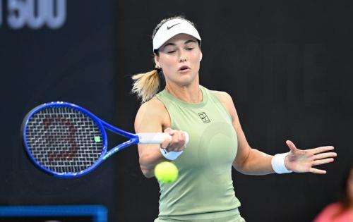 epa12632653 Anna Kalinskaya of Russia in action against Jessica Pegula of the United States during day four of the Brisbane International tennis tournament at Pat Rafter Arena in Brisbane, Australia, 07 January 2026.  EPA/DARREN ENGLAND AUSTRALIA AND NEW ZEALAND OUT