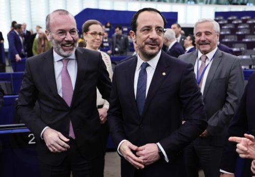epa12663517 President of the Republic of Cyprus Nikos Christodoulides (R) with Group leader of the European People’s Party (Christian Democrats) in Germany, Manfred Weber (L), at the European Parliament in Strasbourg, France, 20 January 2026. The current plenary session runs from 19 to 22 January 2026.  EPA/RONALD WITTEK