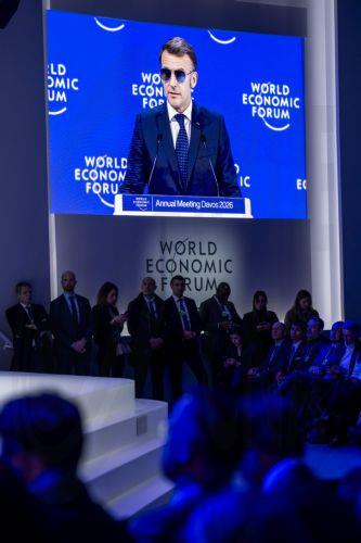 epa12664317 French President Emmanuel Macron speaks during a plenary session at the Congress Hall during the 56th annual meeting of the World Economic Forum (WEF) in Davos, Switzerland, 20 January 2026. The meeting, held under the theme 'A Spirit of Dialogue,' brings together entrepreneurs, scientists, and corporate and political leaders and runs from 19 to...