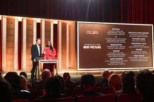 epa12671329 US actors Lewis Pullman (L) and Danielle Brooks (R) announce the nominees for best picture at the 98th Academy Awards (Oscars 2026) nomination ceremony at the Samuel Goldwyn Theater in Beverly Hills, California, USA, 22 January 2026. The 98th annual Academy Awards will take place on 15 March 2026, at the Dolby Theatre in Los Angeles.  EPA/CHRIS...